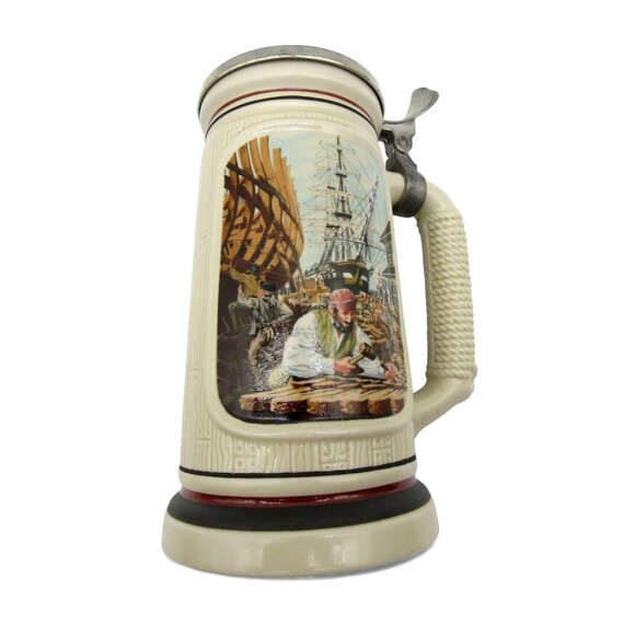 AVON 1986 Shipbuilder STEIN with Pewter Lid Brazil Vintage 9" Tall - Picture 2 of 12